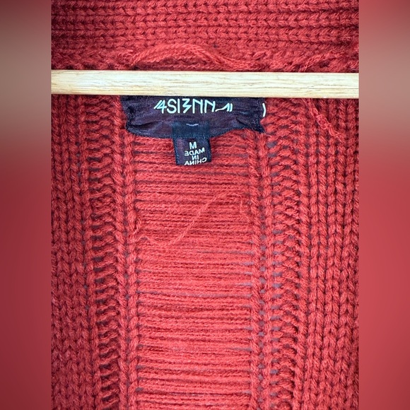 4SI3NNA Red/Orange Fringed Chunky Cable Knit Cardigan Sweater Medium - Picture 5 of 11